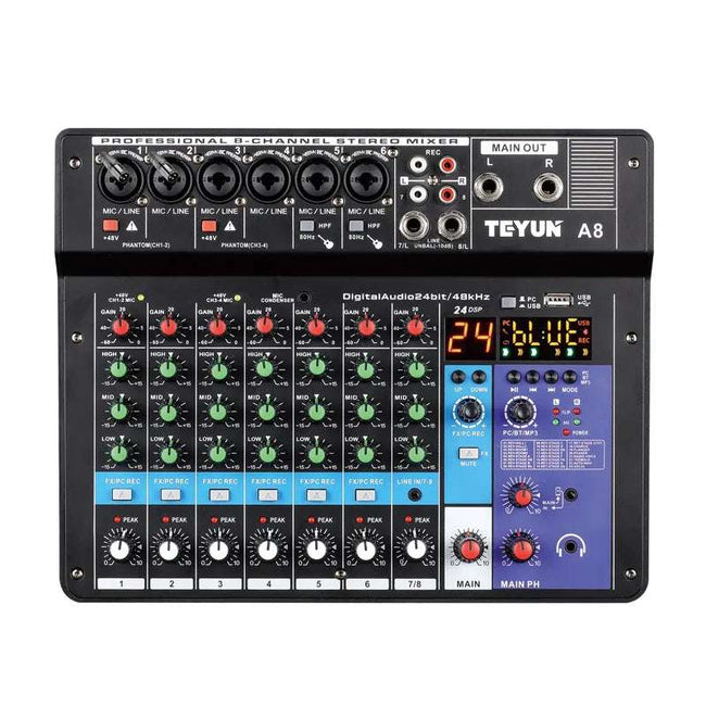 Professional Portable Mixer Sound Mixing Console with Computer Input and 48V Power (Model A8)