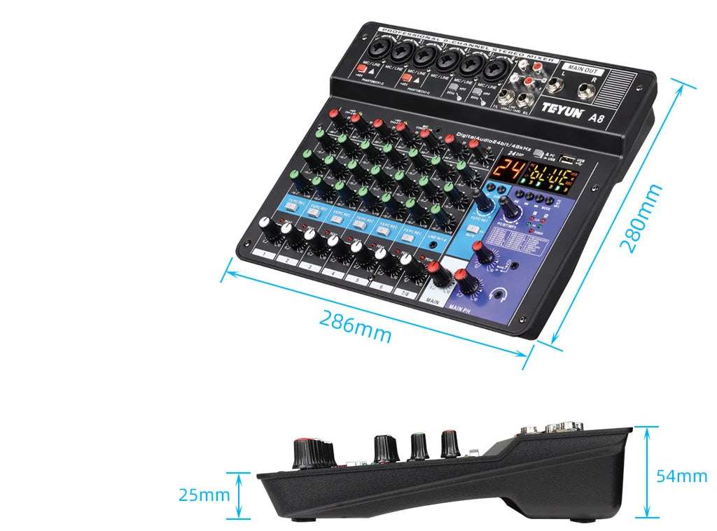 Professional Portable Mixer Sound Mixing Console with Computer Input and 48V Power (Model A8)