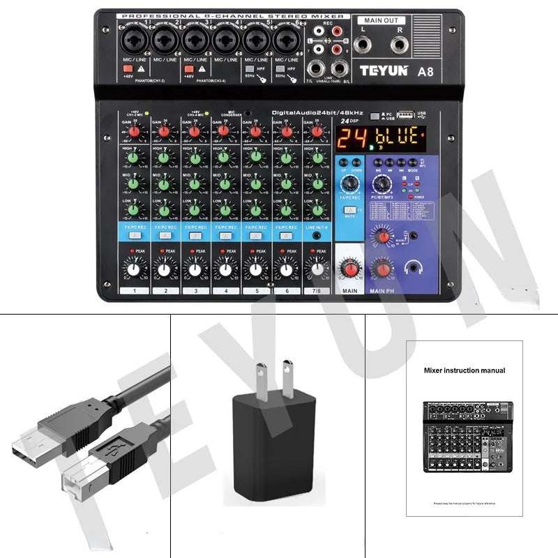 Professional Portable Mixer Sound Mixing Console with Computer Input and 48V Power (Model A8)