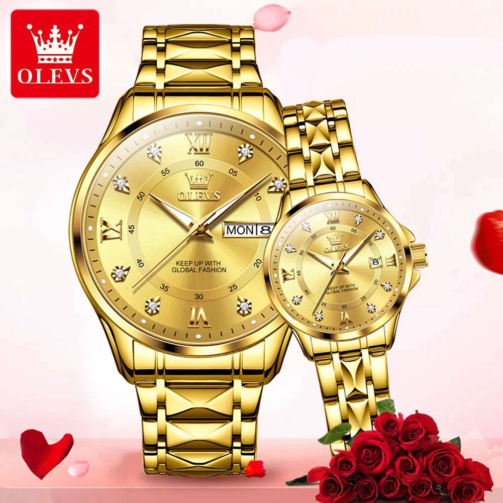 OLEVS Luxury Gold Stainless Steel Watch – Waterproof, Luminous, Dual Calendar