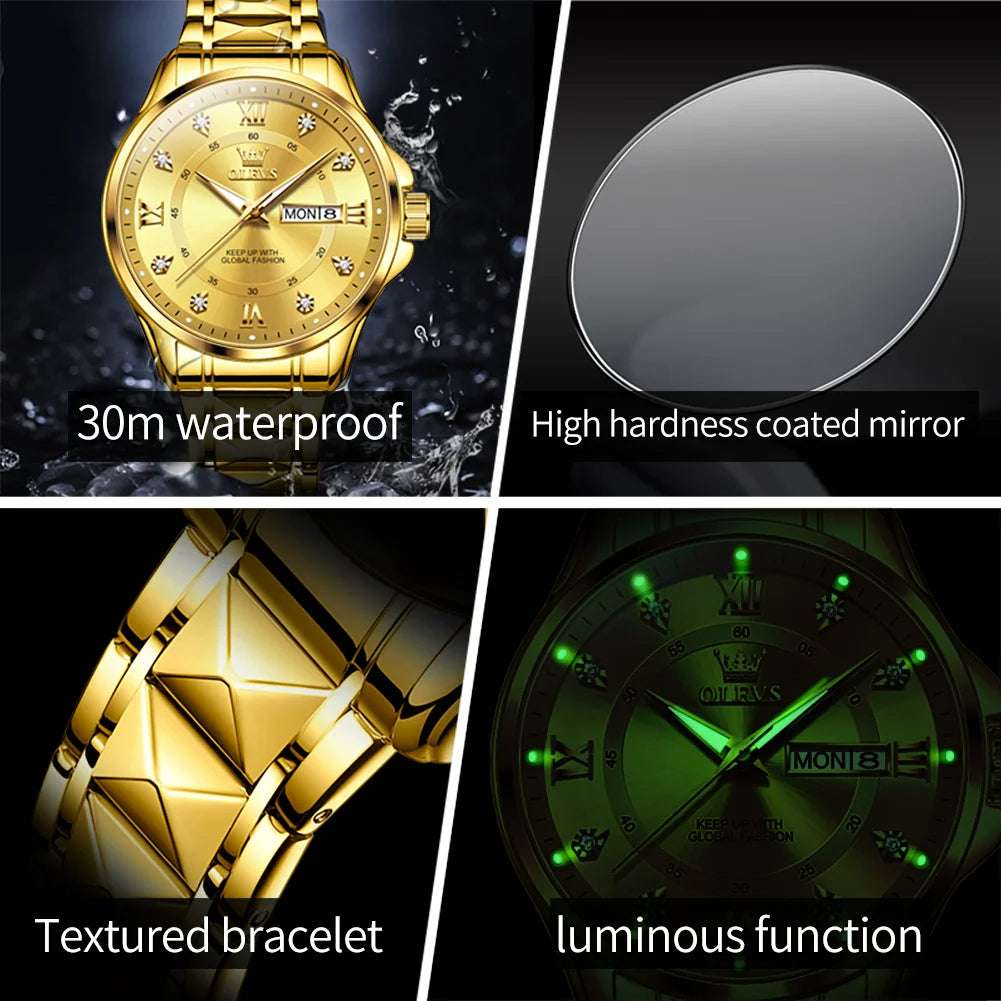 OLEVS Luxury Gold Stainless Steel Watch – Waterproof, Luminous, Dual Calendar