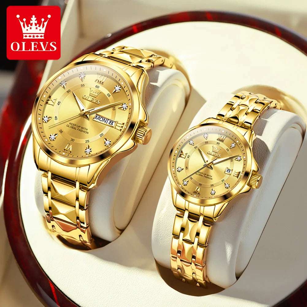 OLEVS Luxury Gold Stainless Steel Watch – Waterproof, Luminous, Dual Calendar