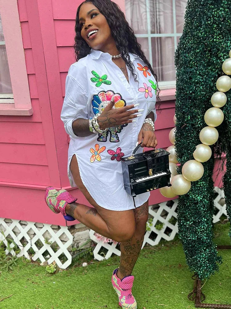 Women’s Elegant Floral Embroidered Blouse – Beaded Clubwear Top with Turn-Down Collar, Midweight Polyester & Slight Stretch (S-XXL) - TheWellBeing4All