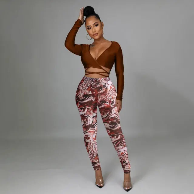 2 pcs Women Set Women Set Luxury Print Blouse and Long Pants Sexy Club Outfits - The Well Being The Well Being khaki / XXL Ludovick-TMB 2 pcs Women Set Women Set Luxury Print Blouse and Long Pants Sexy Club Outfits