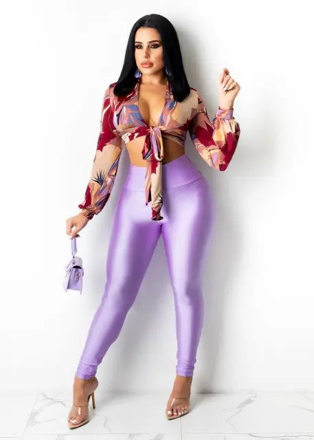 2 pcs Women Set Women Set Luxury Print Blouse and Long Pants Sexy Club Outfits - The Well Being The Well Being Purple / S Ludovick-TMB 2 pcs Women Set Women Set Luxury Print Blouse and Long Pants Sexy Club Outfits