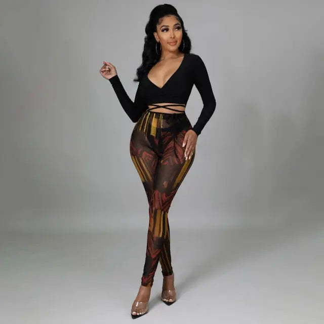 2 pcs Women Set Women Set Luxury Print Blouse and Long Pants Sexy Club Outfits - The Well Being The Well Being black 2 / XXL Ludovick-TMB 2 pcs Women Set Women Set Luxury Print Blouse and Long Pants Sexy Club Outfits