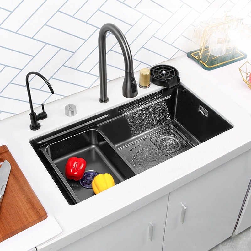 Hidden waterfall Sink Undermount Kitchen sink Single Bowl Stainless Steel Sink Set Workstation Sink With Basket Strainer Drain - The Well Being The Well Being The Well Being Hidden waterfall Sink Undermount Kitchen sink Single Bowl Stainless Steel Sink Set Workstation Sink With Basket Strainer Drain