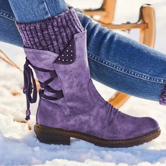 Winter Warm Back Lace Up Snow Boots With Thick Heel Vintage Style Design - The Well Being The Well Being purple / 37 / SPAIN Ludovick-TMB Winter Warm Back Lace Up Snow Boots With Thick Heel Vintage Style Design