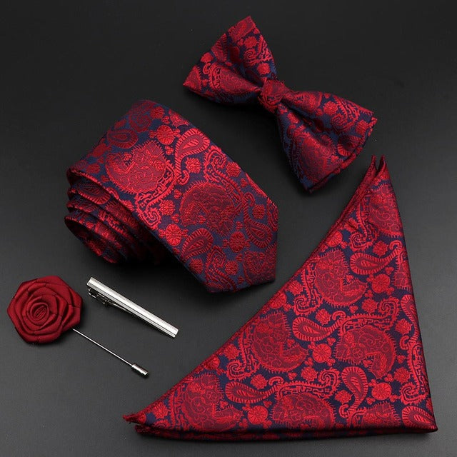 Tie Set Polyester Jacquard Woven Necktie Bowtie Suit Vintage Red Blue - The Well Being The Well Being 26 Ludovick-TMB Tie Set Polyester Jacquard Woven Necktie Bowtie Suit Vintage Red Blue
