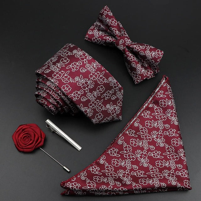 Tie Set Polyester Jacquard Woven Necktie Bowtie Suit Vintage Red Blue - The Well Being The Well Being 28 Ludovick-TMB Tie Set Polyester Jacquard Woven Necktie Bowtie Suit Vintage Red Blue