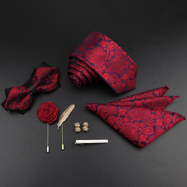 Tie Set Polyester Jacquard Woven Necktie Bowtie Suit Vintage Red Blue - The Well Being The Well Being 32 Ludovick-TMB Tie Set Polyester Jacquard Woven Necktie Bowtie Suit Vintage Red Blue