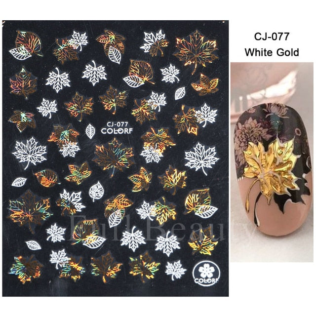 Manicure Stickers White Laser Gold Fall Leaves Decals Sliders Nail Art Decor - The Well Being The Well Being CJ-077 White Gold Ludovick-TMB Manicure Stickers White Laser Gold Fall Leaves Decals Sliders Nail Art Decor