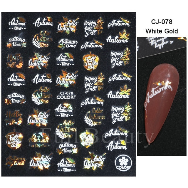 Manicure Stickers White Laser Gold Fall Leaves Decals Sliders Nail Art Decor - The Well Being The Well Being CJ-078 White Gold Ludovick-TMB Manicure Stickers White Laser Gold Fall Leaves Decals Sliders Nail Art Decor