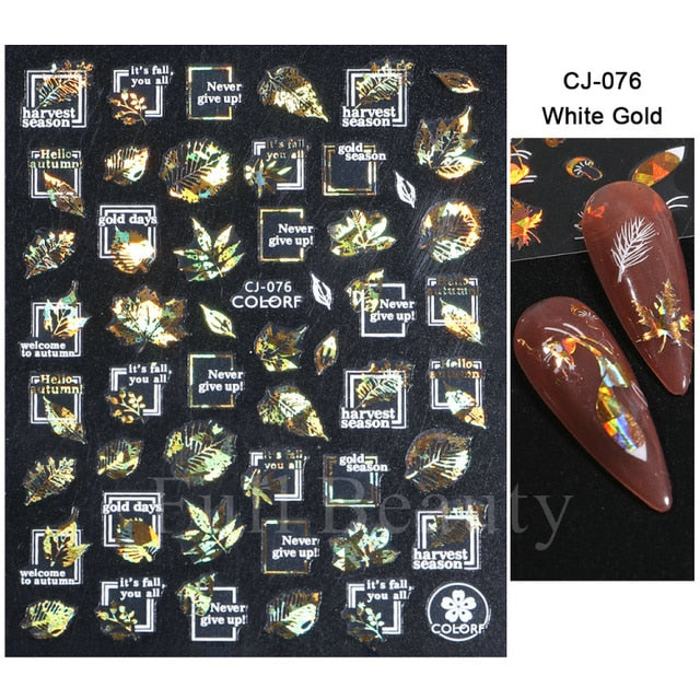 Manicure Stickers White Laser Gold Fall Leaves Decals Sliders Nail Art Decor - The Well Being The Well Being CJ-076 White Gold Ludovick-TMB Manicure Stickers White Laser Gold Fall Leaves Decals Sliders Nail Art Decor