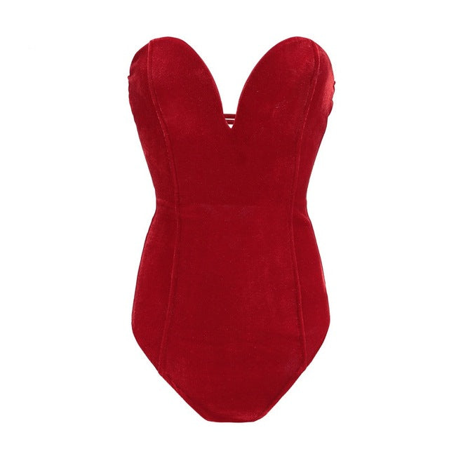 Strapless Velvet Sexy Bodysuit Women Sweetheart Body on Backless Lace Up Body, V Neck - The Well Being The Well Being Red / L Ludovick-TMB Strapless Velvet Sexy Bodysuit Women Sweetheart Body on Backless Lace Up Body, V Neck